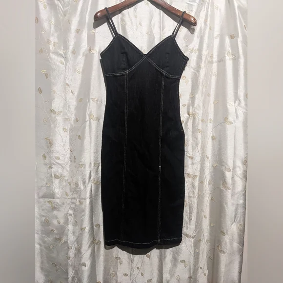 knee length dresses for ladies Somewhere Up Above Denim Midi Dress L FREEMARKET Black / L